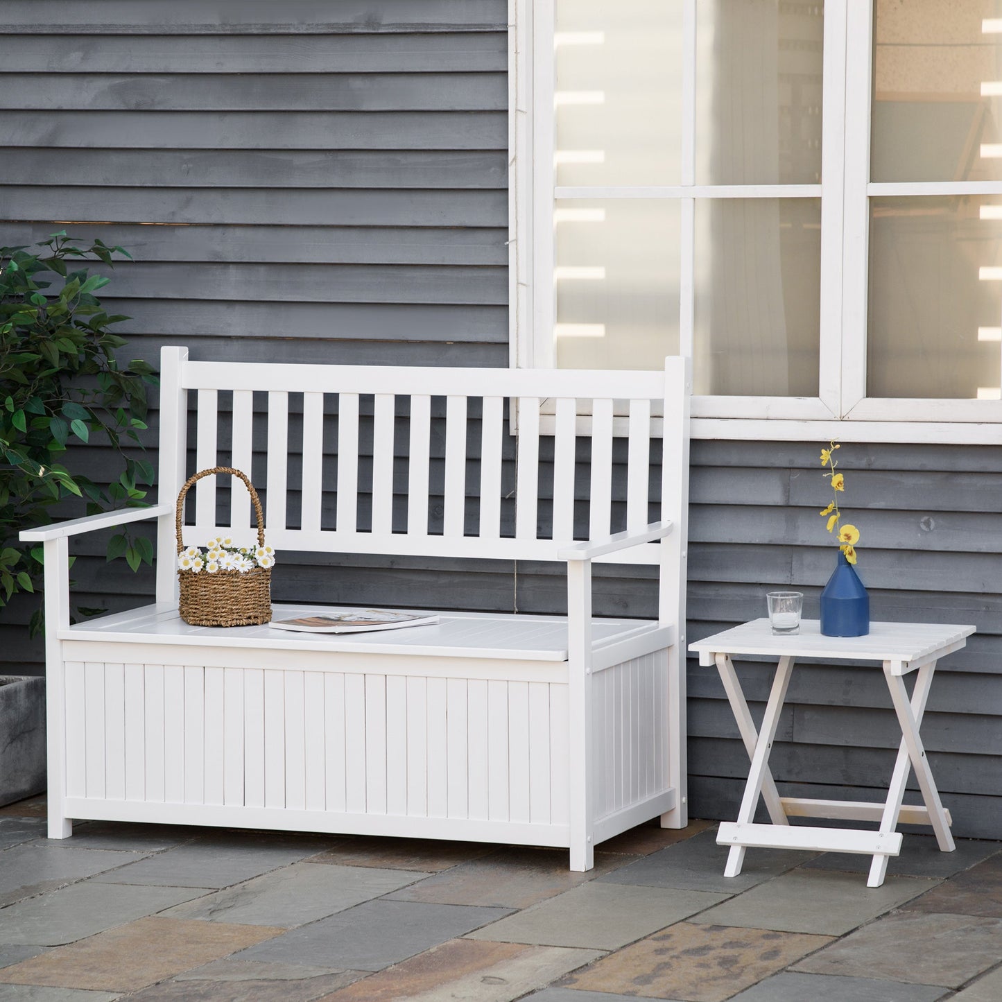 2-Seater Storage Garden Bench, Outdoor Patio Seating Furniture, Deck Box with Inner for Patio, Porch or Balcony, White at Gallery Canada