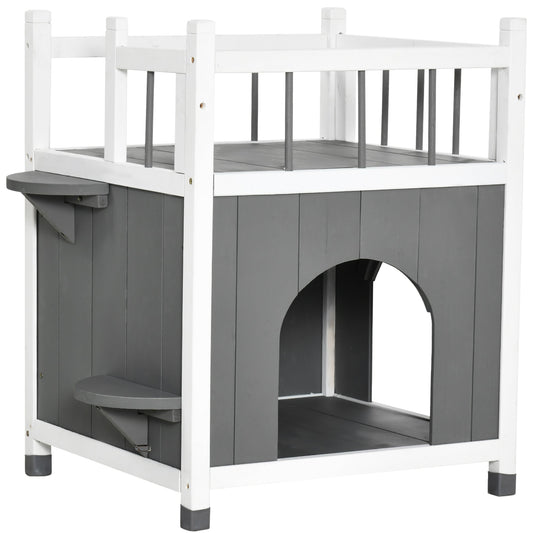 2-Story Cat House Wooden Condo, Kitten Shelter with Balcony, Jump Steps, Multiple Entrances, for Feral Cats - Grey at Gallery Canada