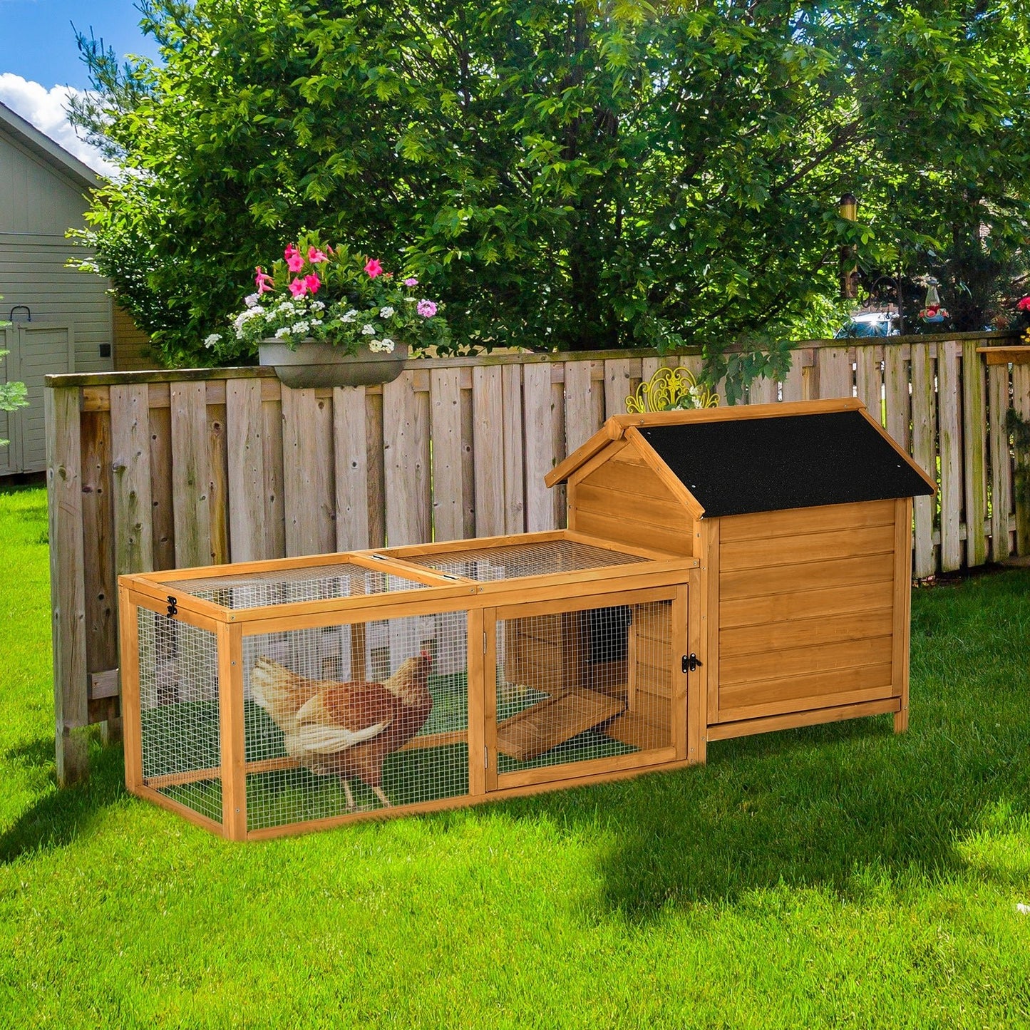 2-Tier Chicken Coop, Wooden Hen House, Poultry Habitat Outdoor Backyard with Removable Tray, Nesting Box, Outside Run, Ramp, 71"x36"x31" at Gallery Canada