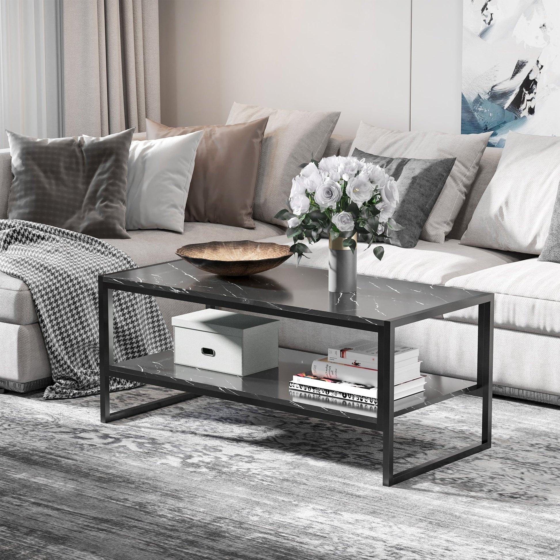 2-Tier Coffee Table with Storage Shelf, Cocktail Table with Marble Textured Table Top, for Living Room Bedroom Dorm, Black at Gallery Canada