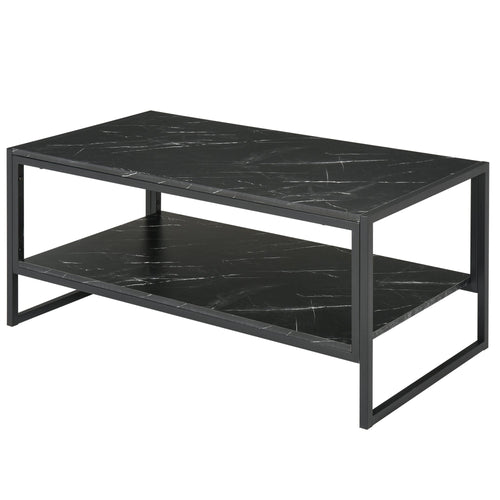 2-Tier Coffee Table with Storage Shelf, Cocktail Table with Marble Textured Table Top, for Living Room Bedroom Dorm, Black