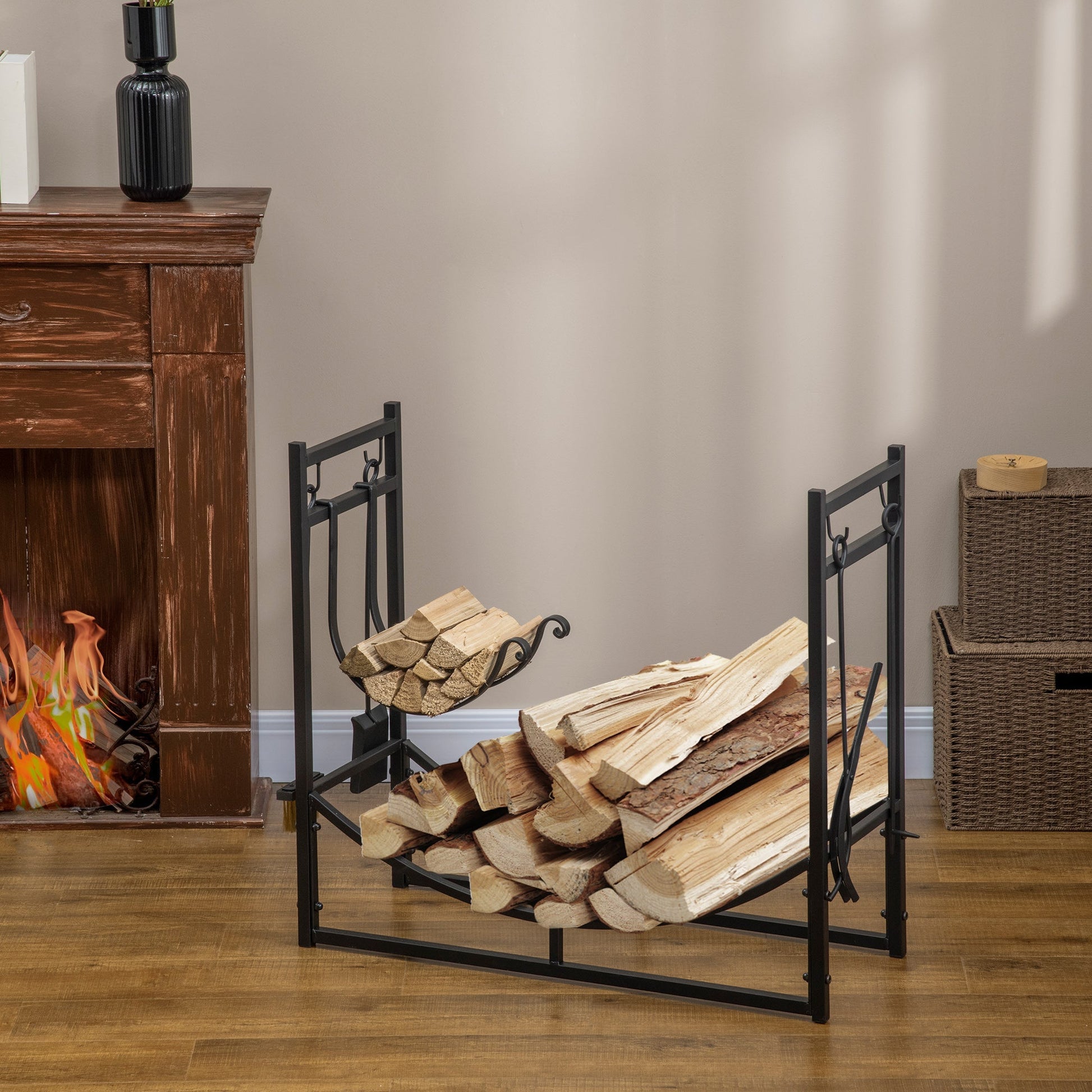 2-Tier Firewood Log Rack with 4 Tools 33" Fireplace Wood Holder Storage Log Rack with Shovel, Broom, Poker, Tongs and Hooks at Gallery Canada