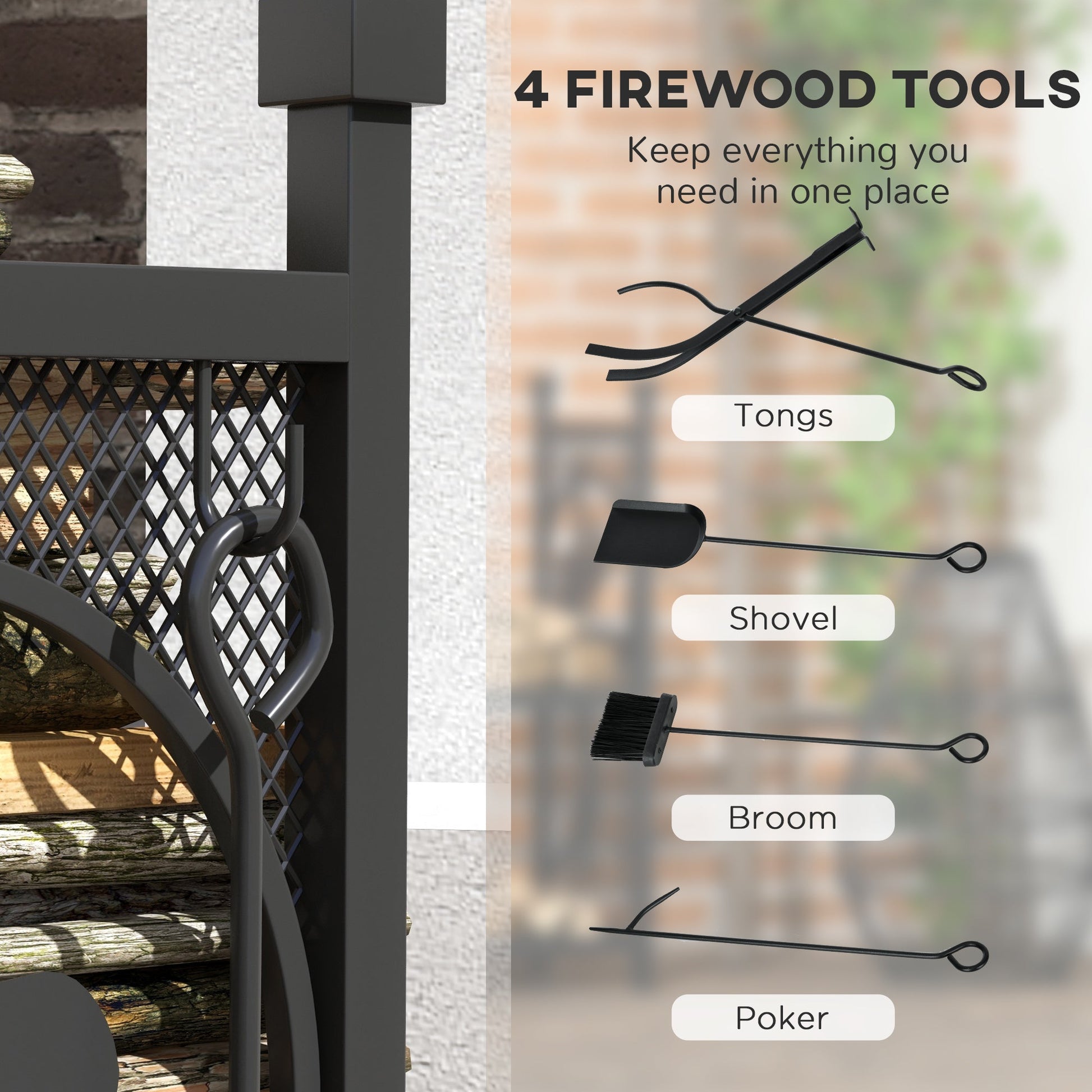 2-Tier Firewood Rack with Shovel, Broom, Poker, Tongs, Side Hooks, Log Holder for Fireplace, Outdoor Indoor Wood Storage Stacker, 21.7" x 12.6" x 30.3", Black at Gallery Canada
