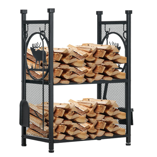 2-Tier Firewood Rack with Shovel, Broom, Poker, Tongs, Side Hooks, Log Holder for Fireplace, Outdoor Indoor Wood Storage Stacker, 21.7" x 12.6" x 30.3", Black - Gallery Canada