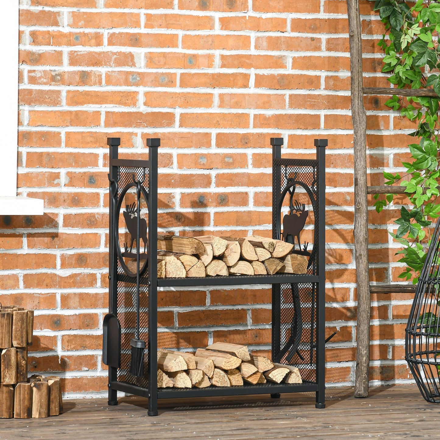 2-Tier Firewood Rack with Shovel, Broom, Poker, Tongs, Side Hooks, Log Holder for Fireplace, Outdoor Indoor Wood Storage Stacker, 21.7" x 12.6" x 30.3", Black at Gallery Canada