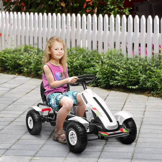 Kids Pedal Go Kart, Adjustable Bucket, Handbrake, 4 Rubber Wheels, White Pedal Go Karts for Kids White, Black at Gallery Canada
