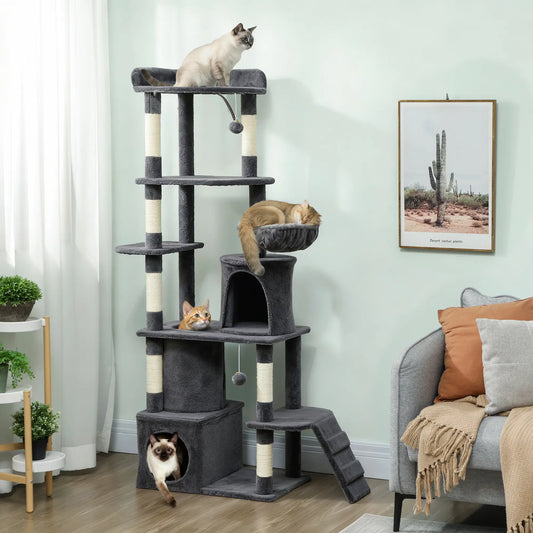 67 Inch Large Cat Tree, 7 Scratching Posts, Tunnel, 2 Condos, Hammock, Dark Grey Cat Towers Dark Grey, Cream White at Gallery Canada