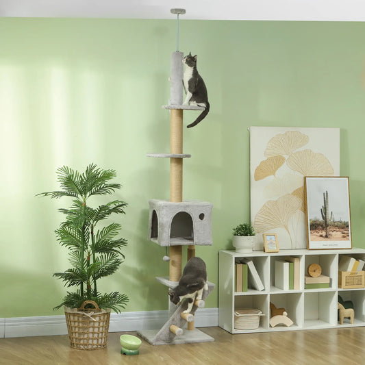 89"-104" Cat Tree, Scratching Post, Cat House, 3-Steps, Hanging Ball, Light Grey Floor to Ceiling Cat Trees Light Grey at Gallery Canada