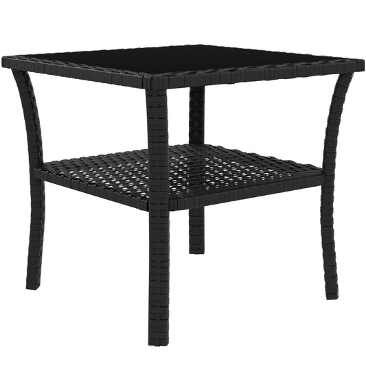20" Patio Wicker Coffee Table, Outdoor PE Rattan Two-tier Side Table with Glass Top, for Patio, Garden, Balcony, Black - Gallery Canada