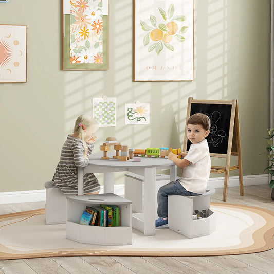 5 Piece Kids Table and Chair Set, with Storage, Grey Kids Table Sets White and Grey at Gallery Canada