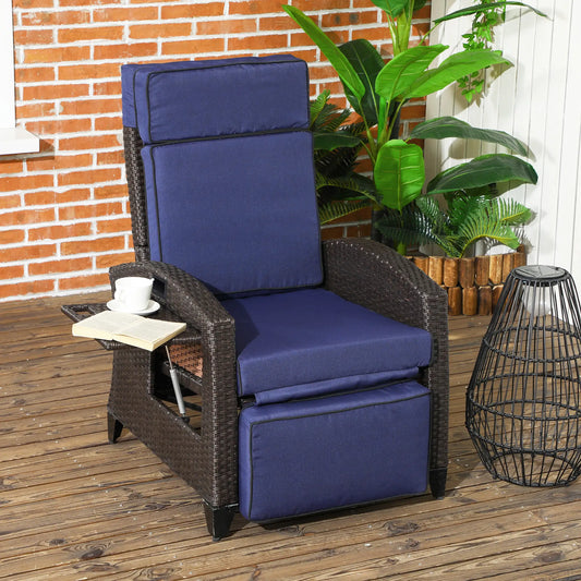 Outdoor Recliner Chair, Adjustable Backrest, Cushion, Side Tray, Blue Chaise Loungers Blue, Brown at Gallery Canada