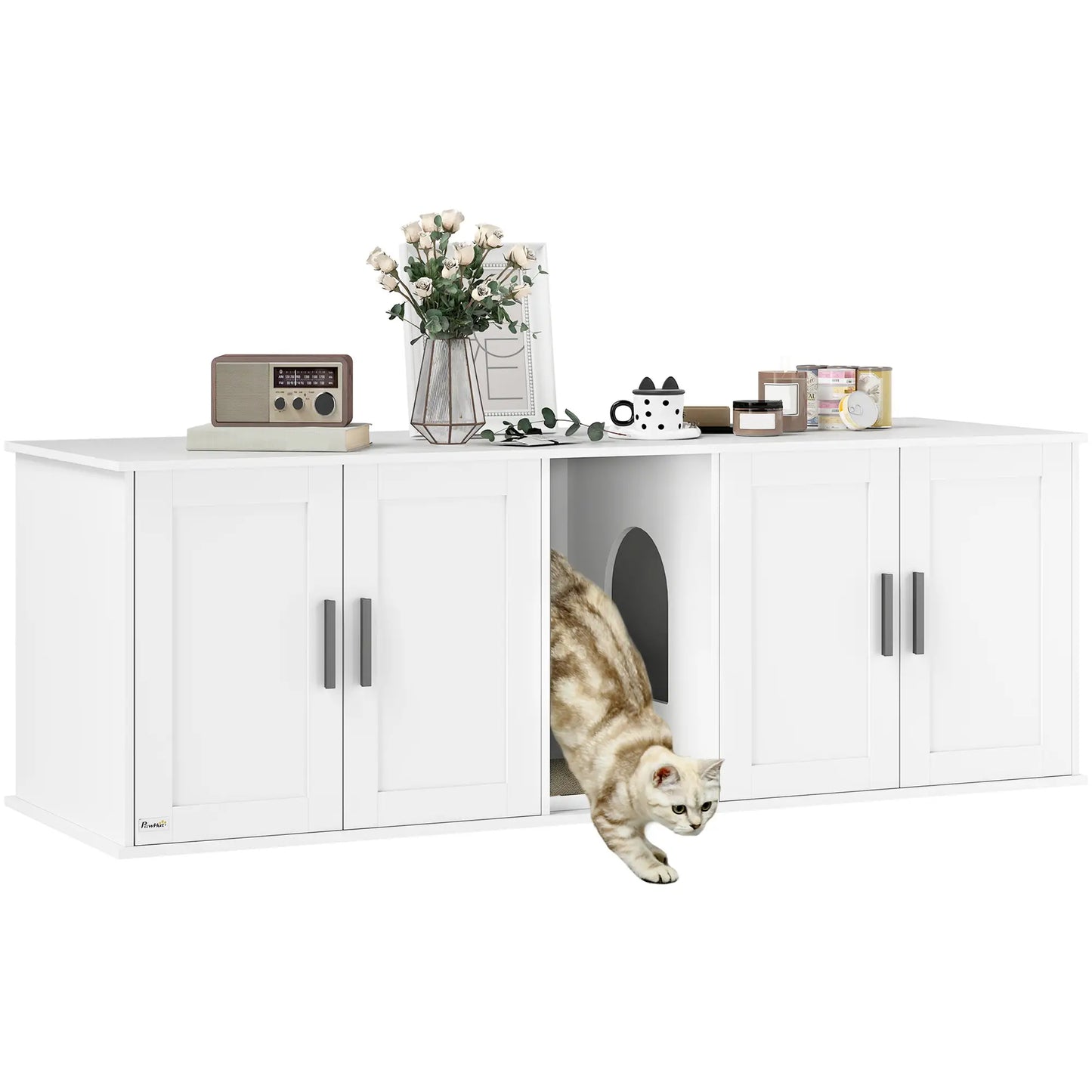 Cat Litter Box Enclosure, Double Room, Scratching Board, 57" x 19" x 20", White Cat Litter Box Enclosures at Gallery Canada