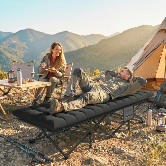 32" Extra Wide Folding Camping Cot, Soft Pad, Non-Slip Feet, Carry Bag, Black Camping Cots Black at Gallery Canada