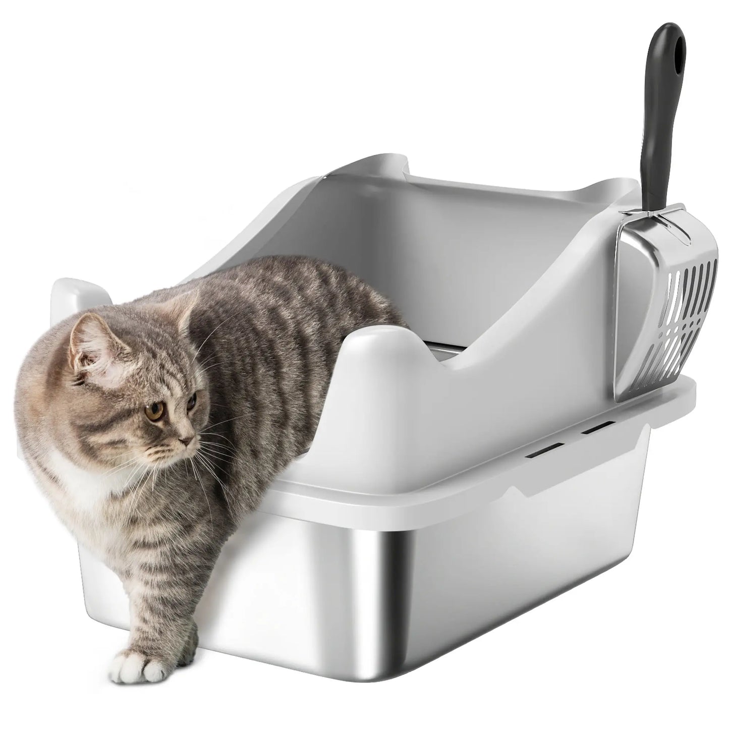 Stainless Steel Cat Litter Box, 17" x 13" x 10", Metal Scoop, Grey