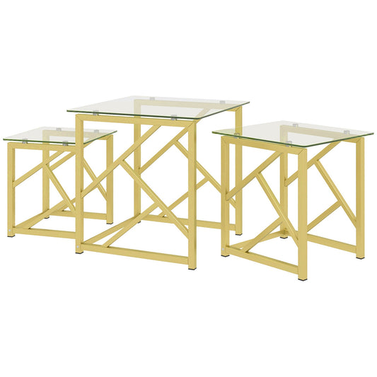 Glass Coffee Table Set of 3, Nest of Tables for Living Room with Tempered Glass Top and Steel Frame, Brushed Gold - Gallery Canada