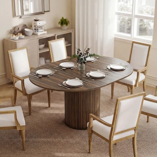 Extendable Kitchen Table, 43.5"-59", Walnut Wood Grain, Pedestal Base Dining Tables Dark Walnut Wood Grain at Gallery Canada