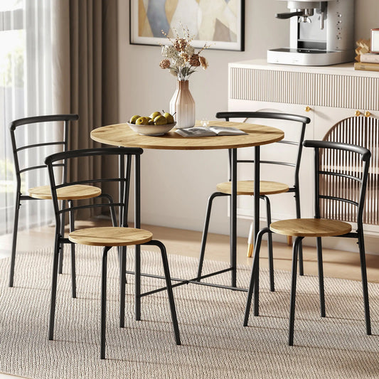 5 Piece Dining Table Set, Round for 4, Metal Frame, Natural