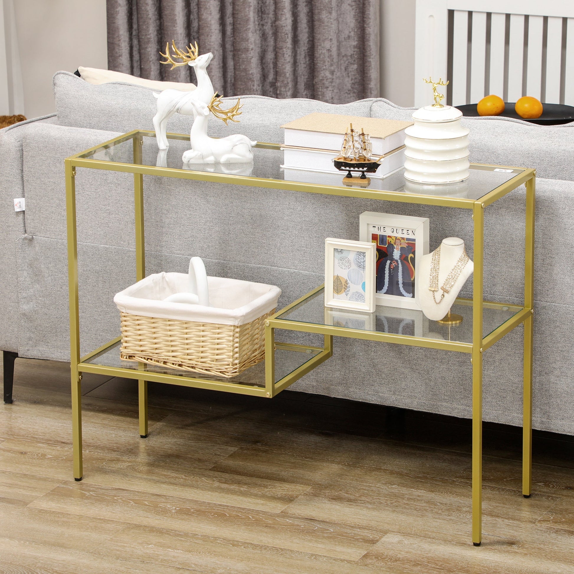 Gold Console Table, 39" Tempered Glass Sofa Table, Narrow Entryway Table with Storage Shelves, Steel Frame for Living Room, Hallway at Gallery Canada