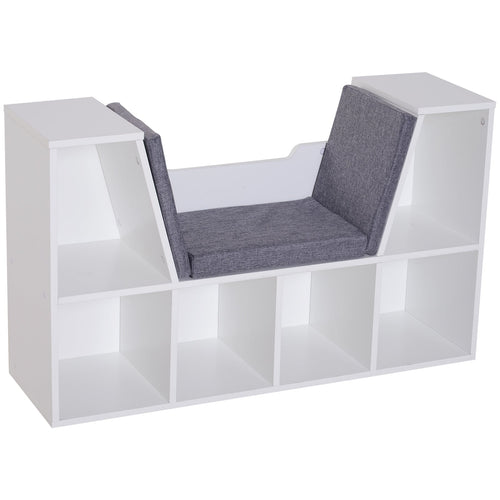 6-Cubby Kids Bookcase with Seat Cushion, Corner Bookcase with Reading Nook for Playroom, Home Office, Study, Grey