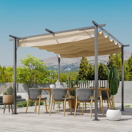 10' Outdoor Pergola Gazebo, Retractable Sun Shade, Beige Pergolas Beige at Gallery Canada