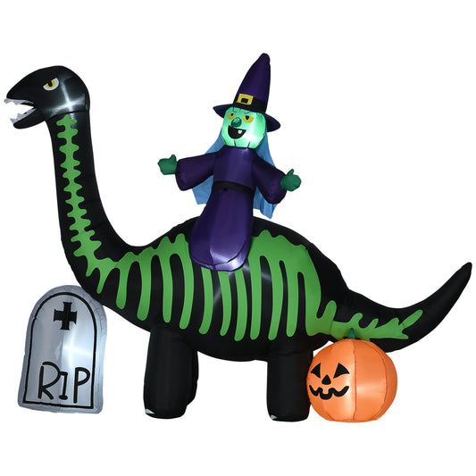 8FT Halloween Inflatables Outdoor Decorations with LED Lights, Inflatable Skeleton Dinosaur with Witch, Tombstone and Pumpkin, Blow Up Yard Decorations for Garden, Party