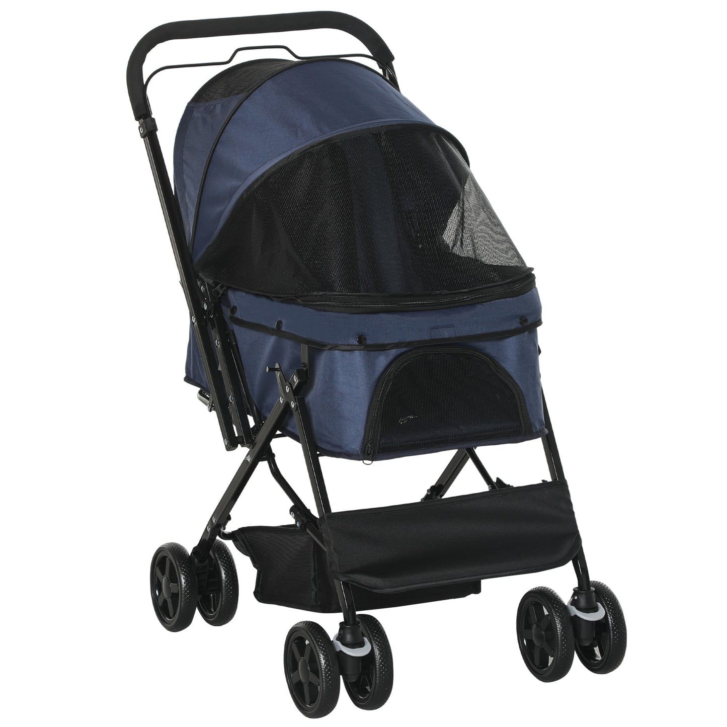 4 Wheels Pet Stroller with Reversible Handle, Foldable Cat Dog Travel Carriage with EVA Wheel Brake, 3-stage Canopy, Mesh Window Door, Dark Blue at Gallery Canada