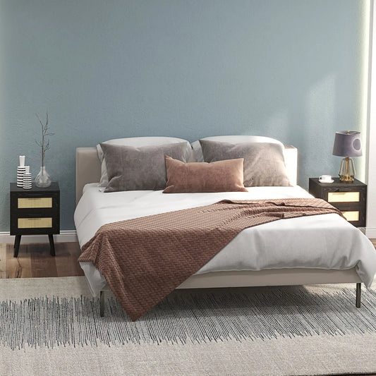 Boho Nightstands Set of 2, 2 Drawers, Bedroom Living Room, Black Bedside Tables Black, Natural Wood at Gallery Canada