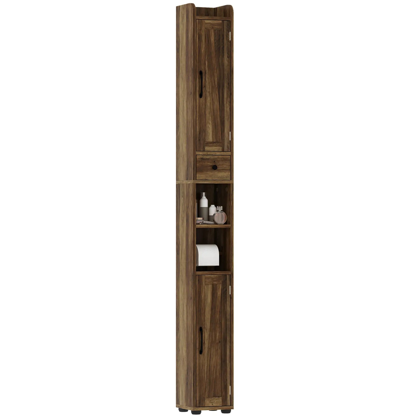 Narrow Bathroom Cabinet, Tall Storage with Barn Doors, Drawer, Adjustable Shelves, Wood Grain, Brown Bathroom Cabinets at Gallery Canada
