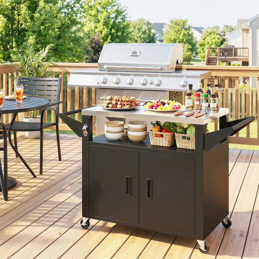 Outdoor Grill Cart, Stainless Steel Tabletop, 3-Shelf Pizza Oven Stand, Storage Cabinet, Wheels, Black Outdoor Grill Carts Black at Gallery Canada
