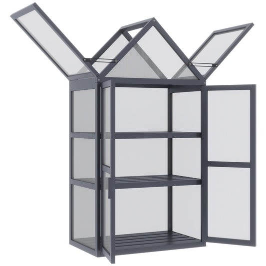 Wooden Cold Frame Greenhouse Garden Portable Raised Planter Protection with 3 Tier Shelves, Openable Top and Double Doors, for Outdoor Indoor Use, 28" x 17" x 52", Grey - Gallery Canada