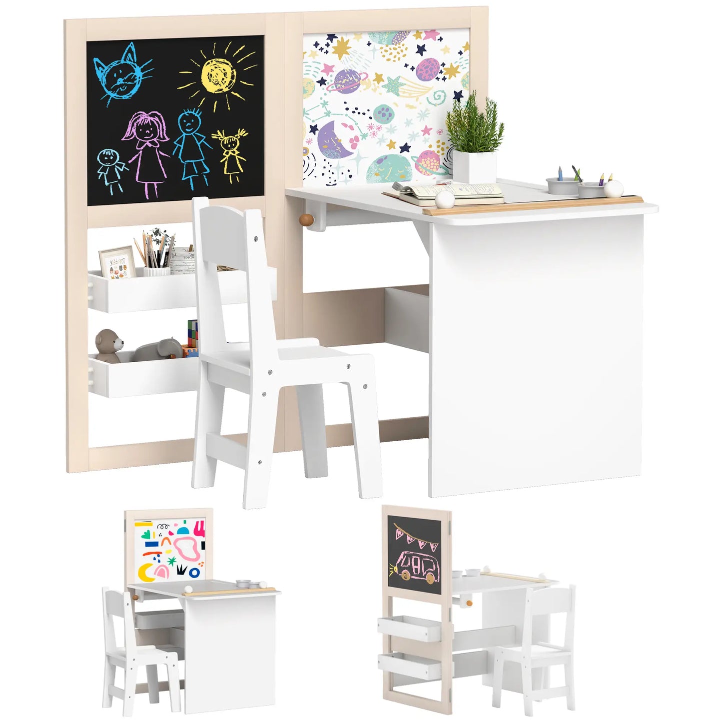 3 in 1 Kids Table and Chair Set, Foldable Easel, Storage Shelves, White Kids Table Sets at Gallery Canada