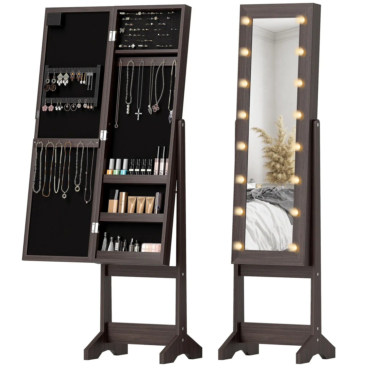 Lighted Mirrored Jewelry Cabinet, Angle Adjustable, 16 LED Lights, Dark Brown Jewellery Armoire & Jewellery Mirror Cabinets at Gallery Canada