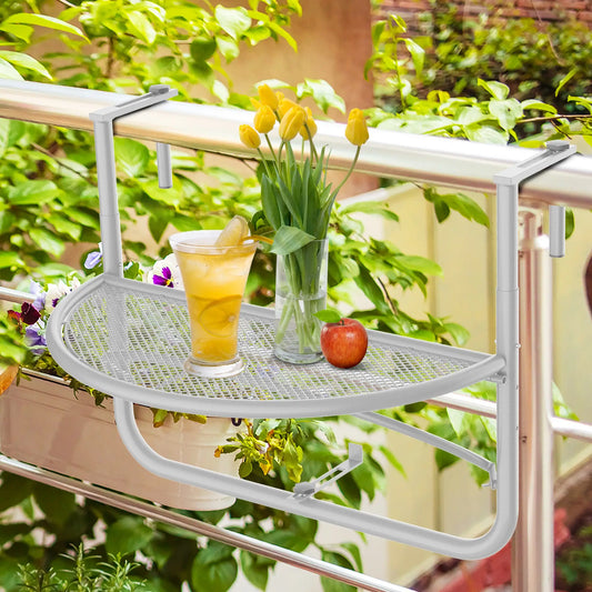 Adjustable Balcony Hanging Table, Metal Wall Desk, Outdoor Flower Stand, Half Round, White Balcony Table Hanging White at Gallery Canada