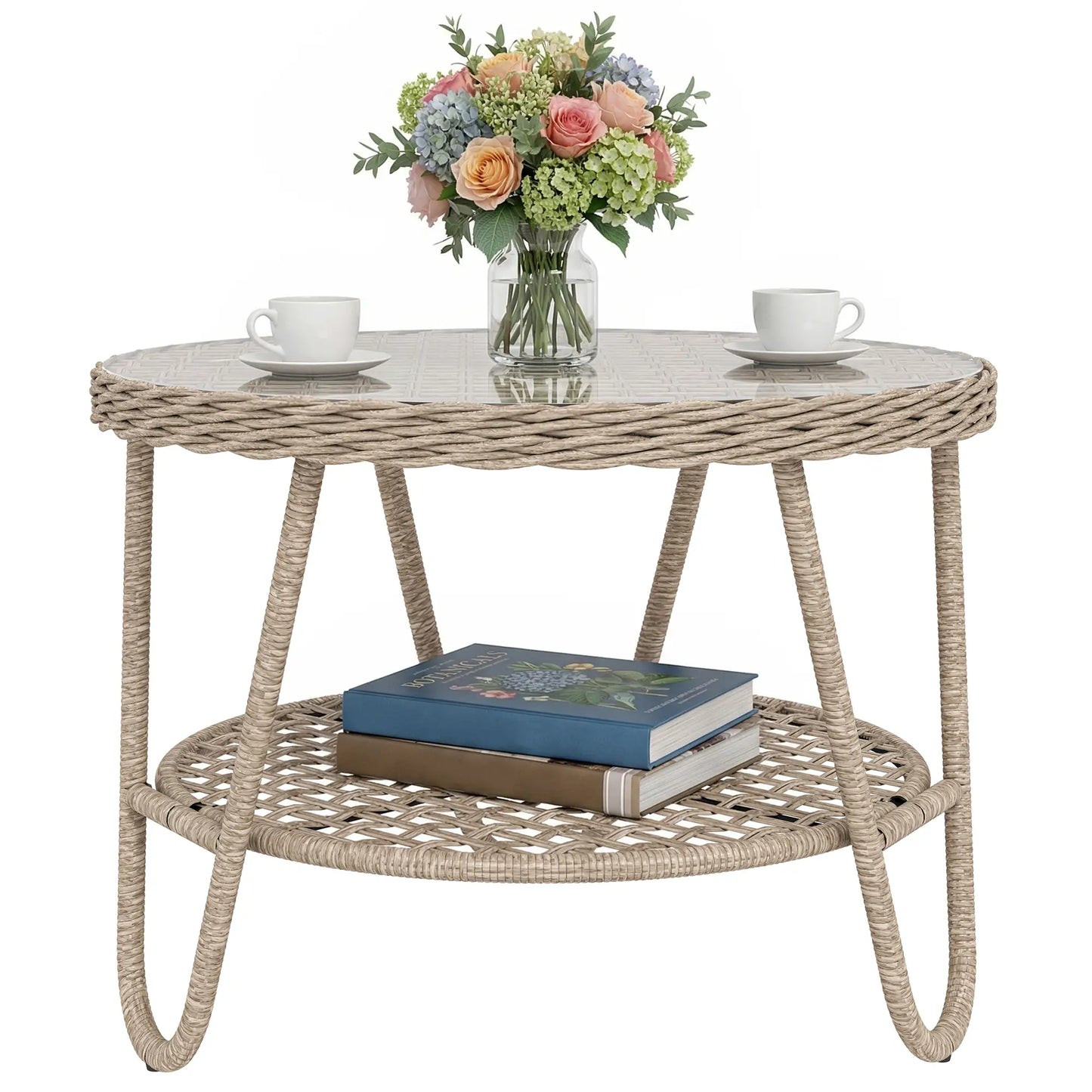 Rattan Outdoor Coffee Table, 2-Tier Small Garden Side Table, Tempered Glass Top Patio Side Tables at Gallery Canada