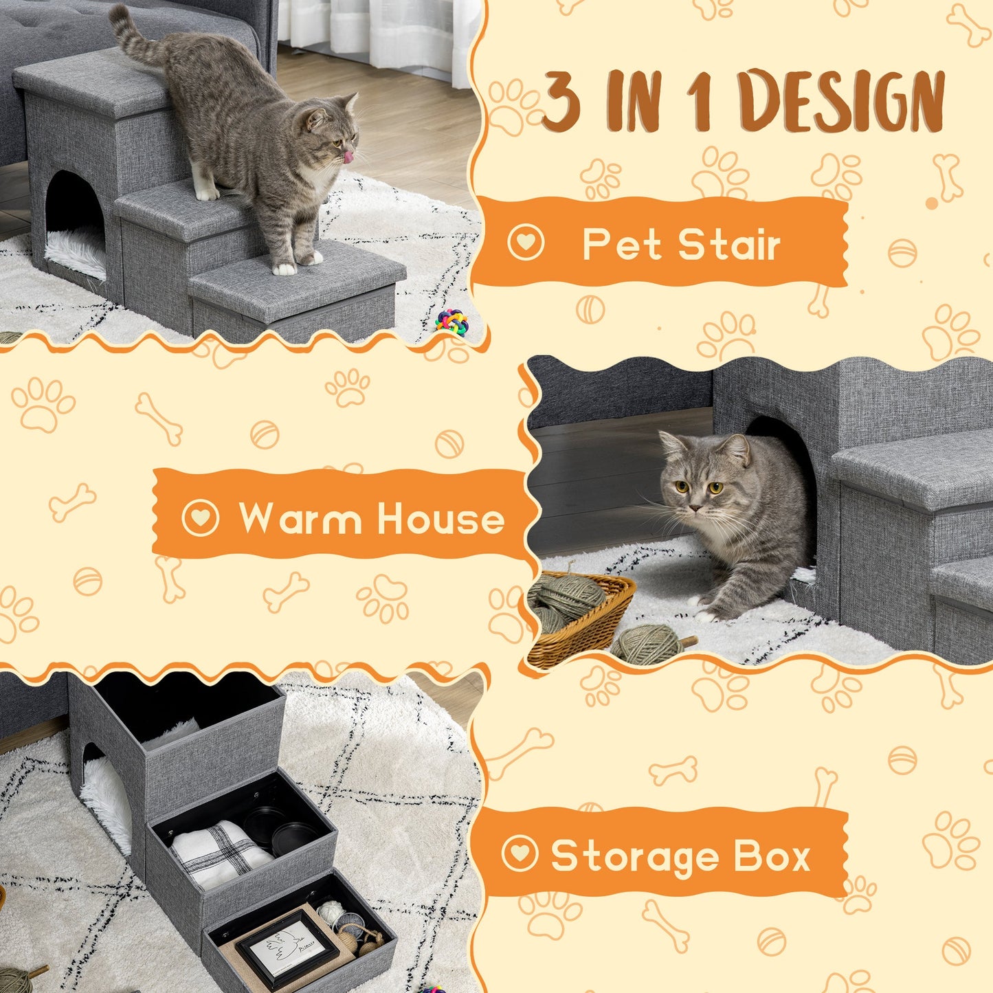 Dog Ramp with Storage Boxes and Condo, 3-step Pet Stairs for High Beds and Couch with Washable Plush Cushion at Gallery Canada