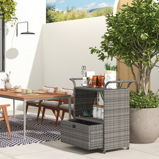 PE Wicker Serving Cart, 2-Tier Shelf, Outdoor Wheeled Rattan Cart, Grey Patio Dinning Tables Mixed Grey at Gallery Canada