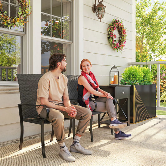 2 Chaises de salle à manger en rotin PE, cadre en acier, jardin, arrière-cour, noir