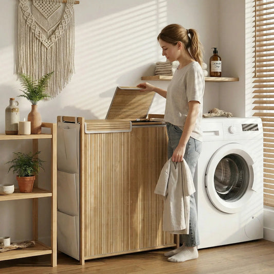 Bamboo Laundry Hamper with Removable Drawstring Bag and Side Storage Pockets, 32 Gal, Natural Bath Accessories Natural at Gallery Canada