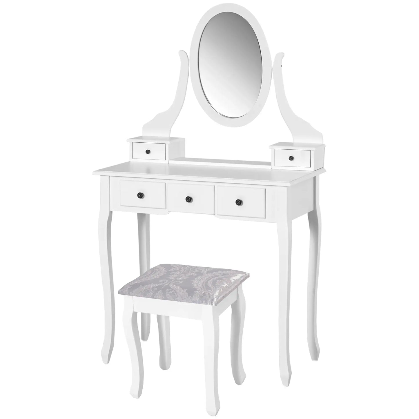 Wooden Vanity Table Set, Makeup Dressing Table with 360° Rotating, 5 Drawers and Padded Stool, White Dressing & Vanity Tables at Gallery Canada