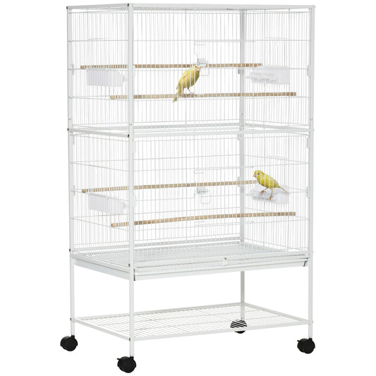 52" Large Rolling Steel Bird Cage Bird House with Rolling Stand, Storage Shelf, Wood Perch, Food Container, White - Gallery Canada