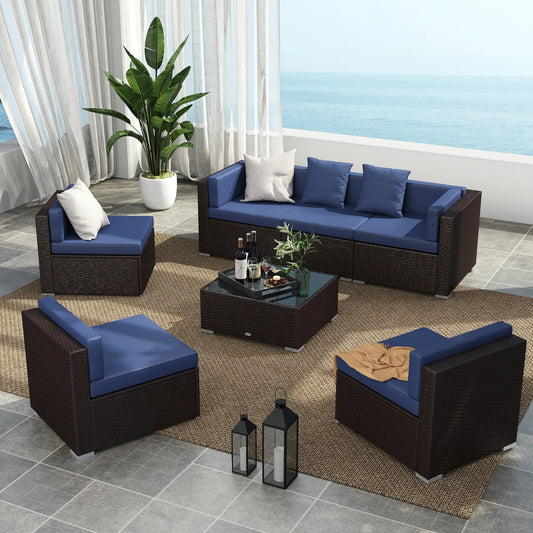 7-Piece Patio Furniture Set, Rattan Outdoor Sofa, Navy Patio Furniture Sets Dark Brown Rattan, Navy Blue Fabric at Gallery Canada