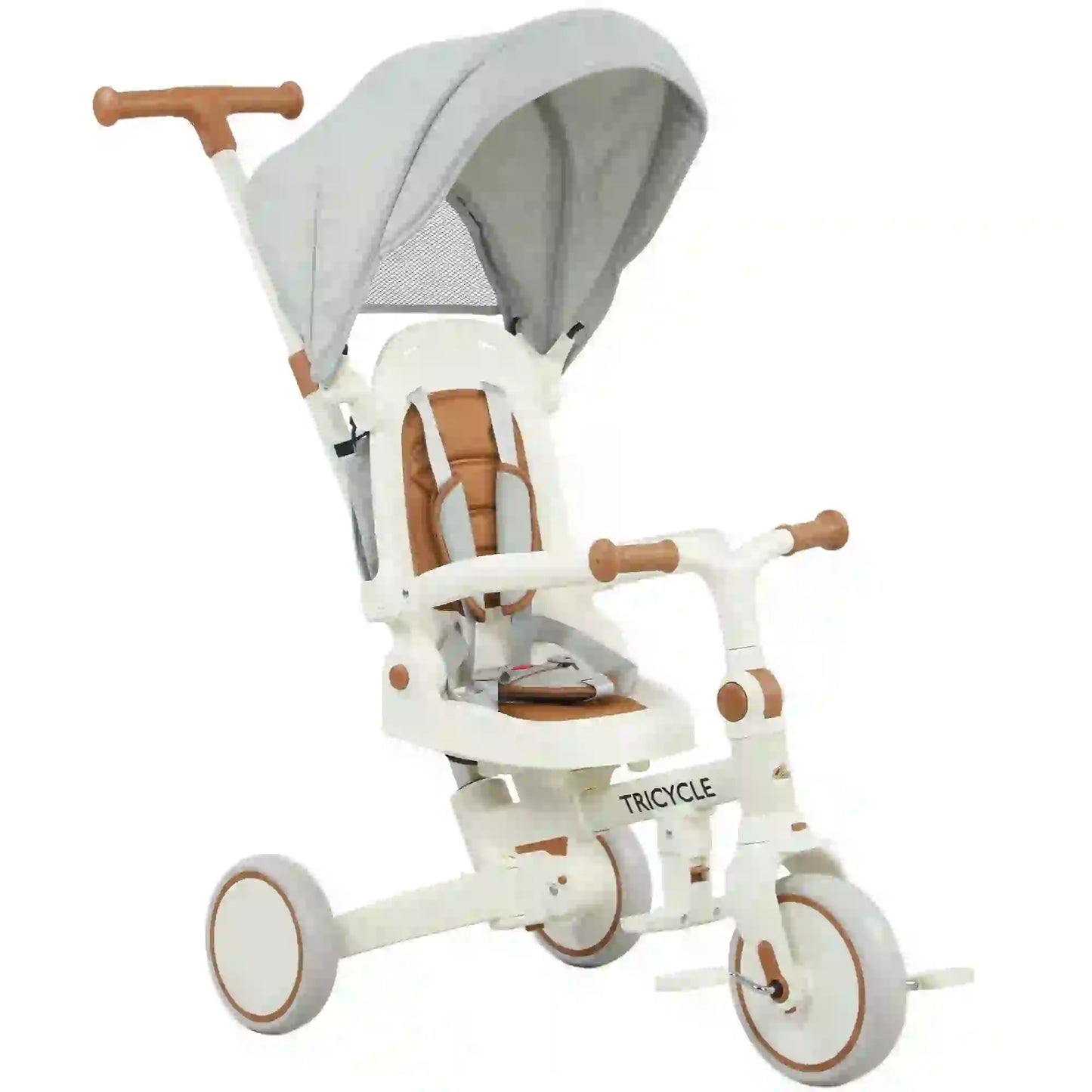 7 in 1 Toddler Tricycle, Safety Harness, Adjustable Parent Handle, Cream White