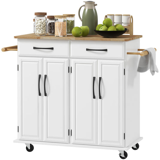 Kitchen Island on Wheels with Rubberwood Top, Rolling Kitchen Cart with 2 Drawers, 4 Doors and Adjustable Shelves
