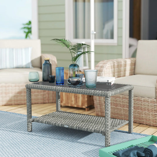 35" Outdoor Wicker Coffee Table, Glass Top, Storage Shelf, Dark Grey Coffee Tables Dark Grey at Gallery Canada