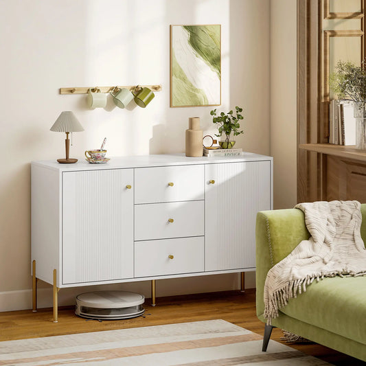 Buffet Cabinet, Modern Sideboard with 3 Drawers and 2 Shelves, White Storage Cabinets White, Gold at Gallery Canada