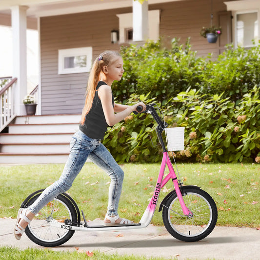 Kids Kick Scooter, Adjustable Handlebar, 2 Brakes, Basket, 16", Pink Scooters Pink, Black at Gallery Canada