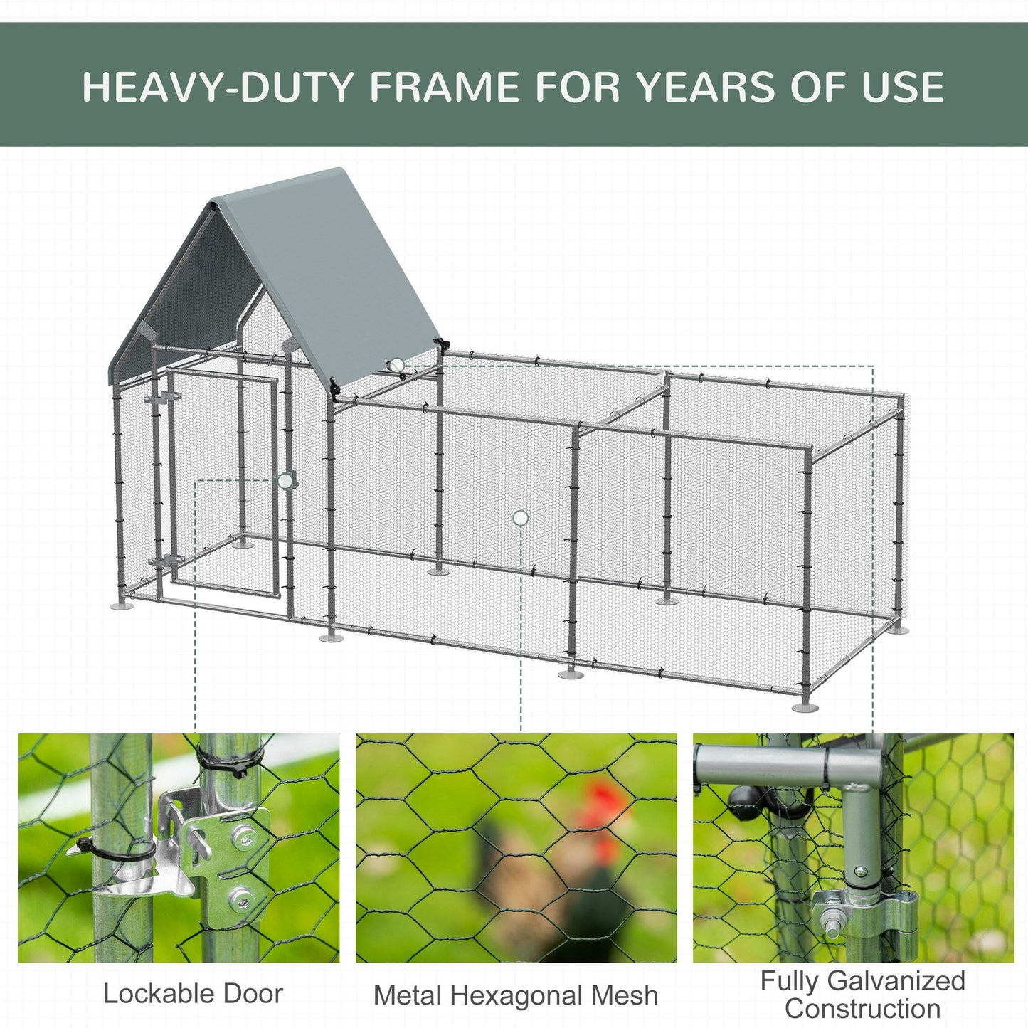 Walk In Chicken Run, Large Galvanized Chicken Coop, Hen Poultry House Cage, Rabbit Hutch Metal Enclosure with Water-Resist Cover for Outdoor Backyard Farm, 119" x 42" x 68" at Gallery Canada