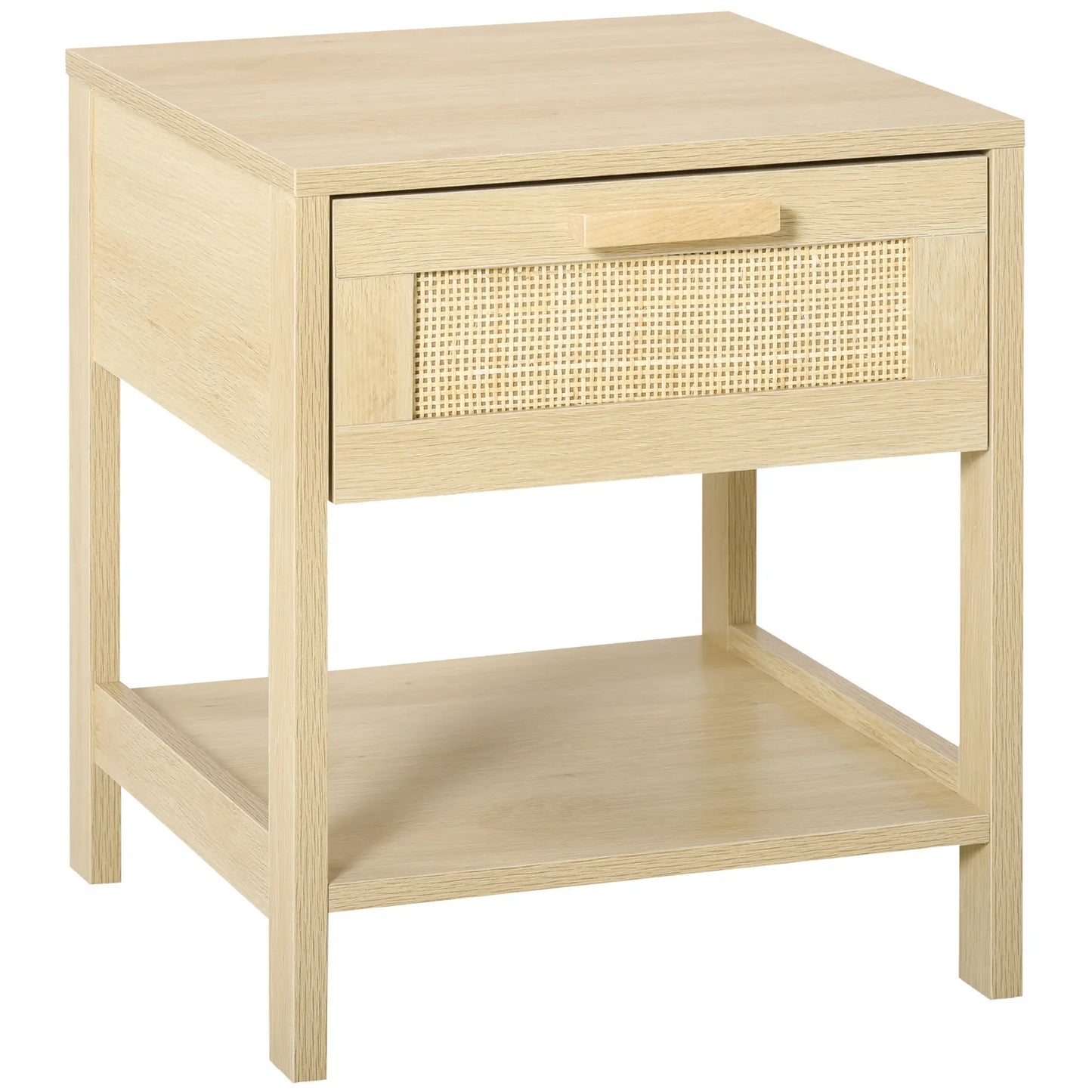 Narrow Nightstand with Rattan, Drawer, Storage Shelf, Natural