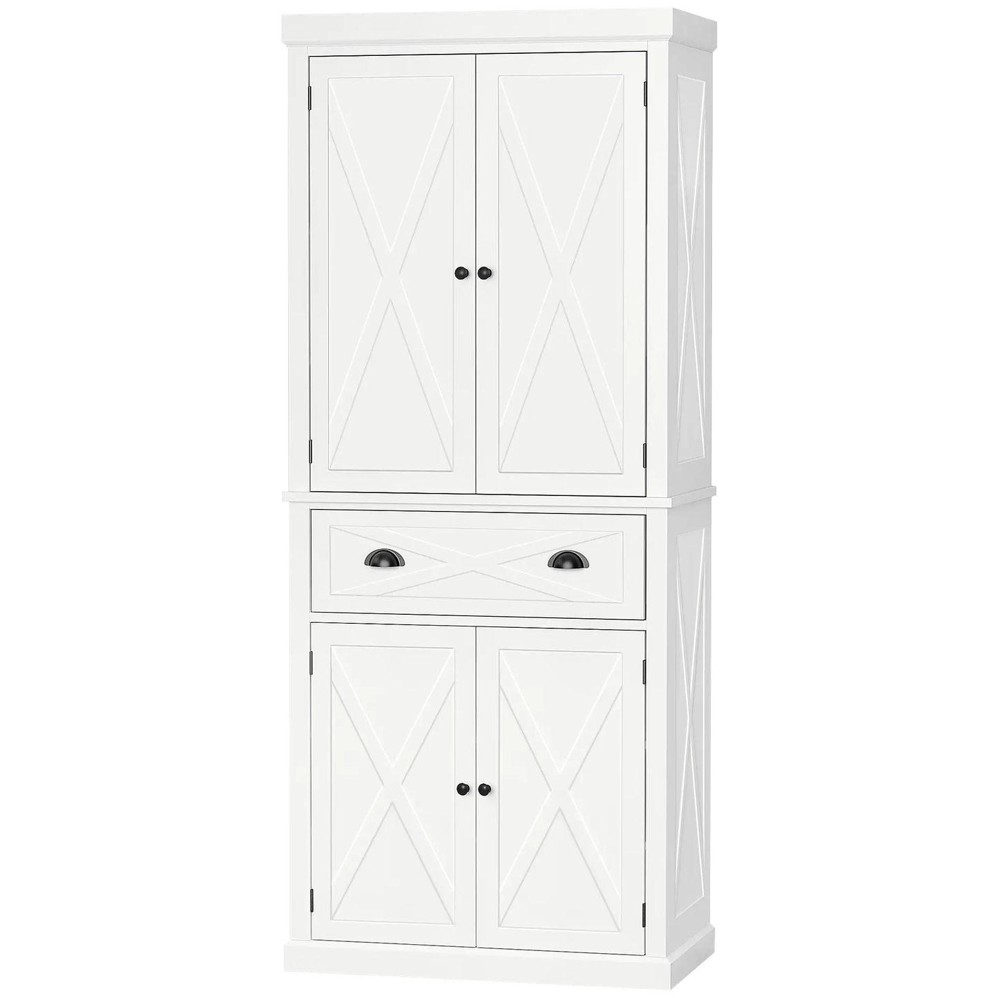 72.5" Kitchen Pantry Cabinet, 4 Doors, Drawer, Adjustable Shelves, White