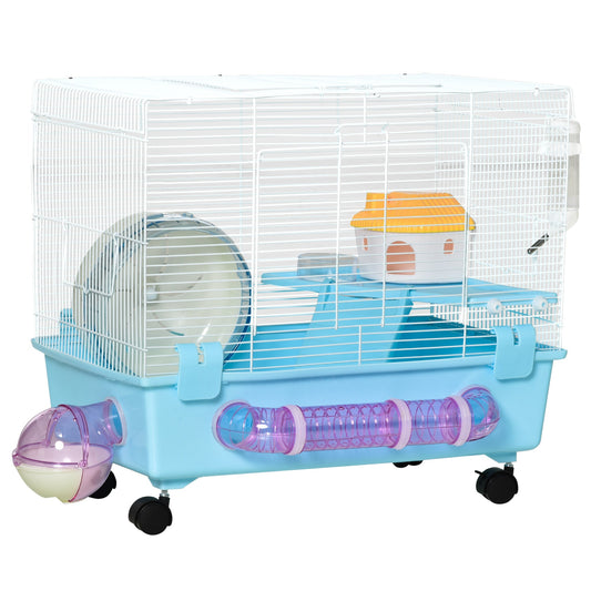 Hamster Cage Portable , Gerbil Haven, Multi-storey Rodent House, Small Animal Habitats, Large Hide-out, w/ Water Bottle, Tubes, Exercise Wheel, Food Dish, Ramp, Shower Room, Light Blue - Gallery Canada